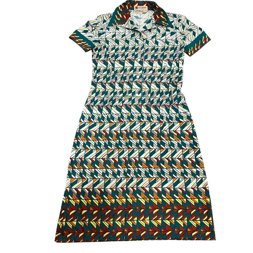 Guy Laroche 70s Qiana Short Sleeve Geo Print Dress, 12